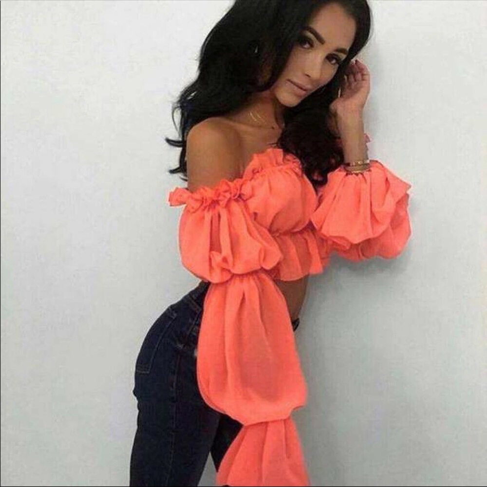 Orange Chiffon Long Sleeve Crop Blouse - Picture 2 of 4